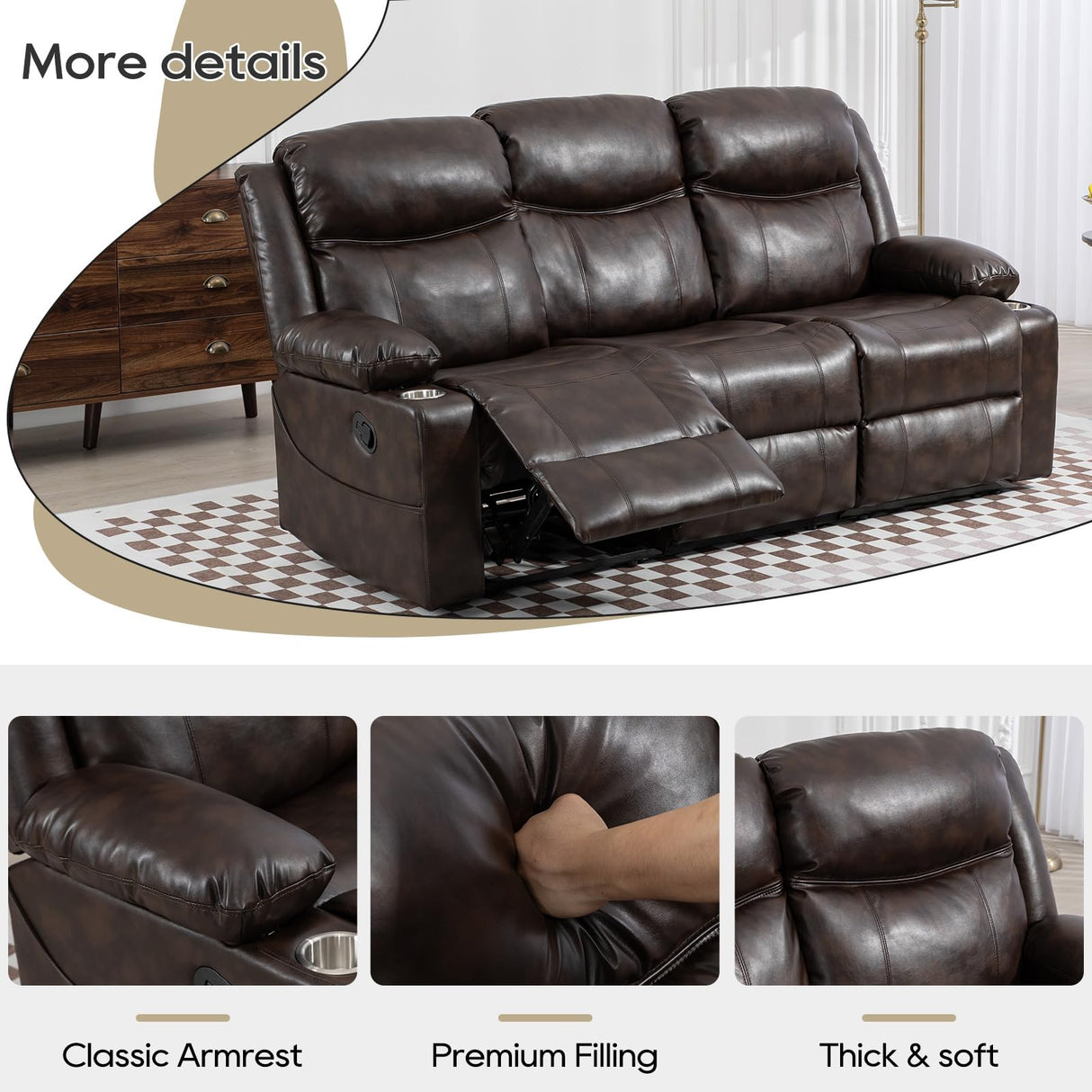PALLOME Manual Reclining Sofa - 3 Seat Recliner Sofa with Heat & Massage Function, Wall-Hugger Reclining Sofa for Living Room (Brown) PALLOME