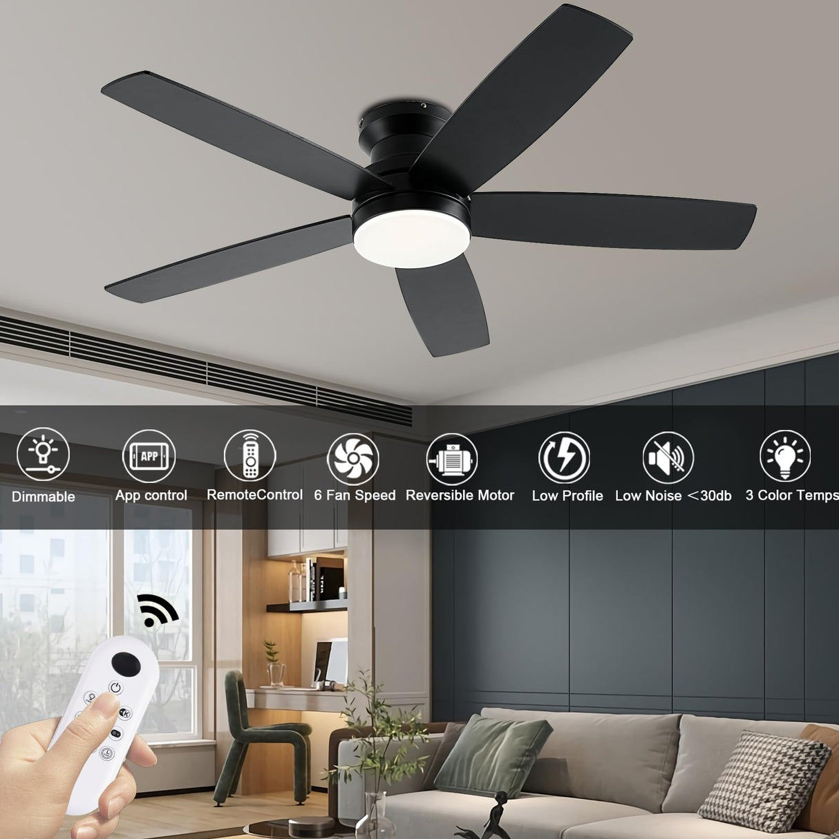 NKPU Black Ceiling Fans with Lights, 48Inch Low Profile Ceiling Fan with Light and Remote/App Control, Flush Mount, Reversible DC Motor, 3CCT Dimmable led, Modern Ceiling Fan for Indoor/Outdoor Use NKPU