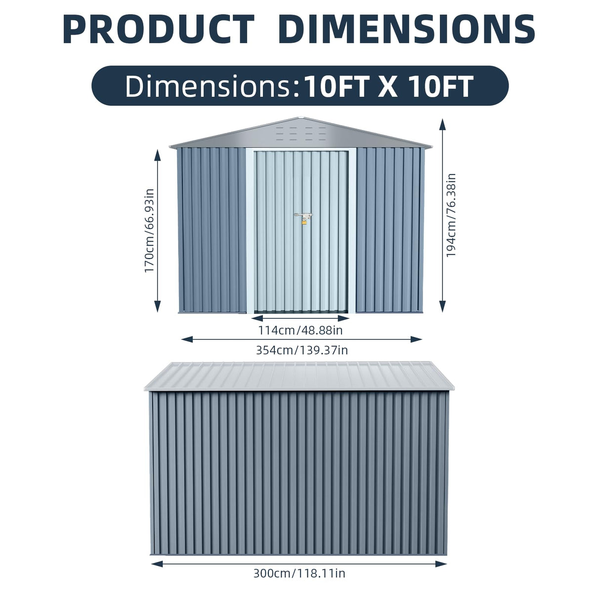 10x10FT Outdoor Metal Storage Shed, Lockable Weatherproof Garden Shed for Tools & Equipment, Durable Galvanized Steel with Sloping Roof & Ventilation, Ideal for Backyard, Patio & Garage Storage, Grey BouPower