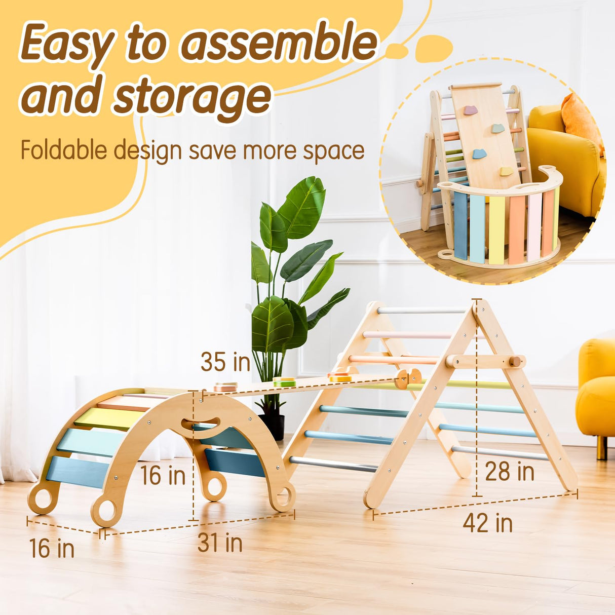 deli Pikler Triangle Set 7 in 1, Adjustable & Foldable Montessori Climbing Set, Large Size Climbing Toys for Toddlers Inside Indoor, Climb Activity Jungle Gym Make a Great Gift for Boys Girls deli