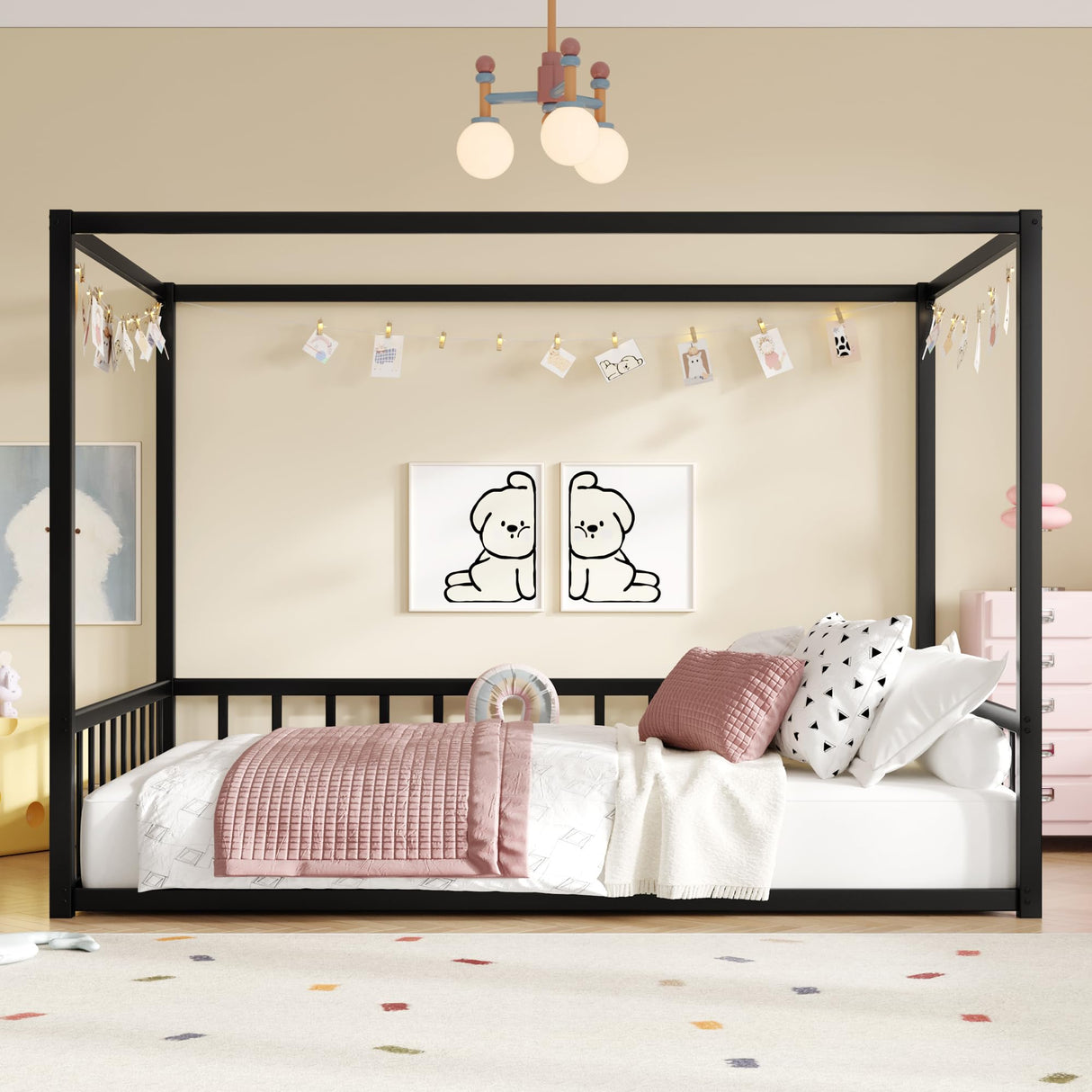Full Size Canopy Floor Bed with 4 Posters and Guardrails, Full Size Montessori Floor Bed with High Fence, Anti Bump Design, Easy Assemble Montessori Beds, Heavy Duty Canopy Beds Black Bellemave