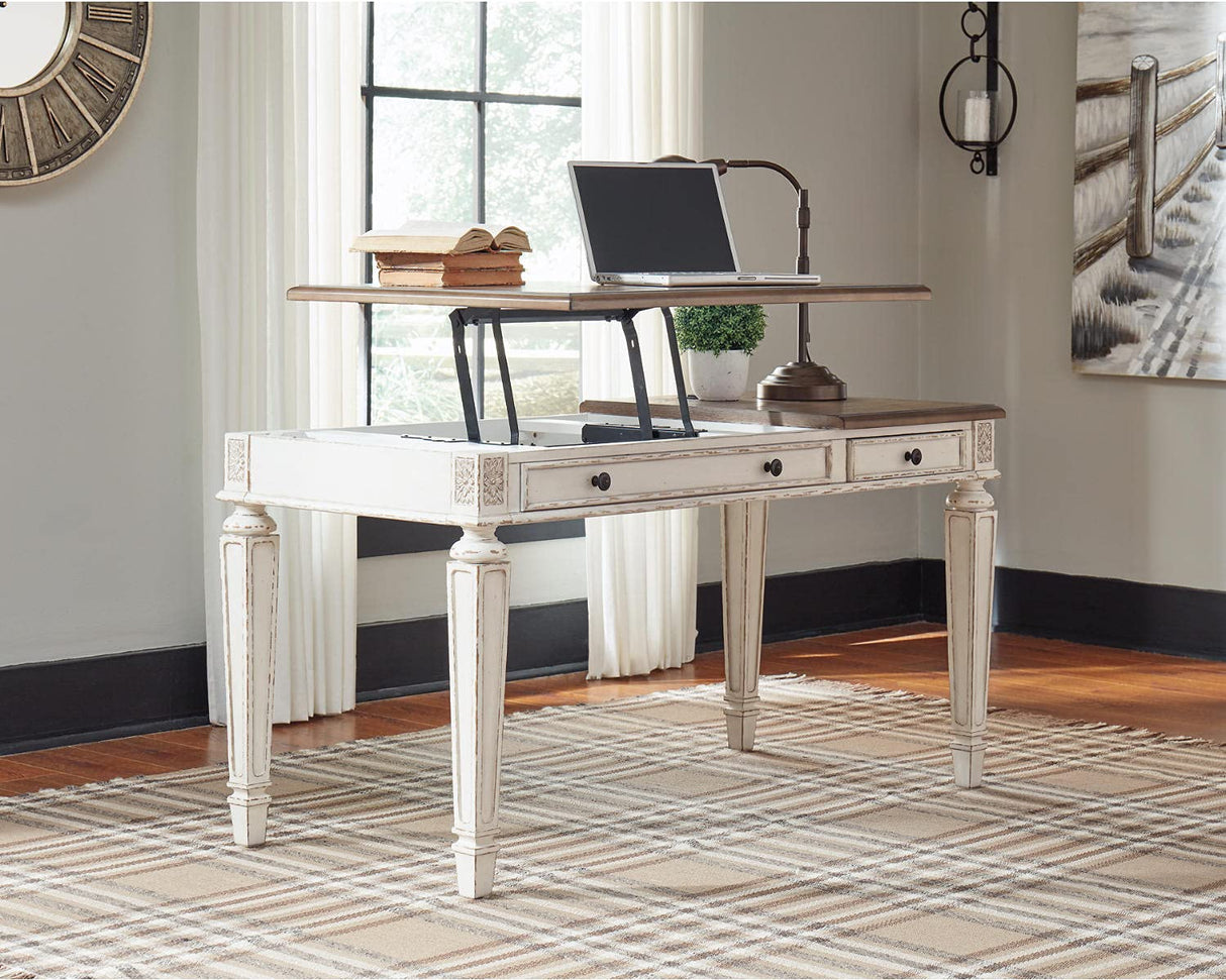 Signature Design by Ashley Realyn French Country 60" Home Office Lift Top Desk with USB Charging, Chipped White Signature Design by Ashley