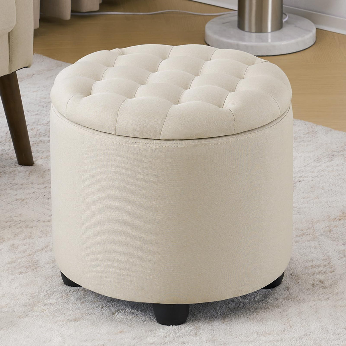 Furniliving Modern Round Storage Ottoman,Button Tufted Ottoman Foot Stools Ottoman Footstool with Removable Lid Storage Ottoman for Living Room, Bedroom, Makeup Room,Beige Furniliving