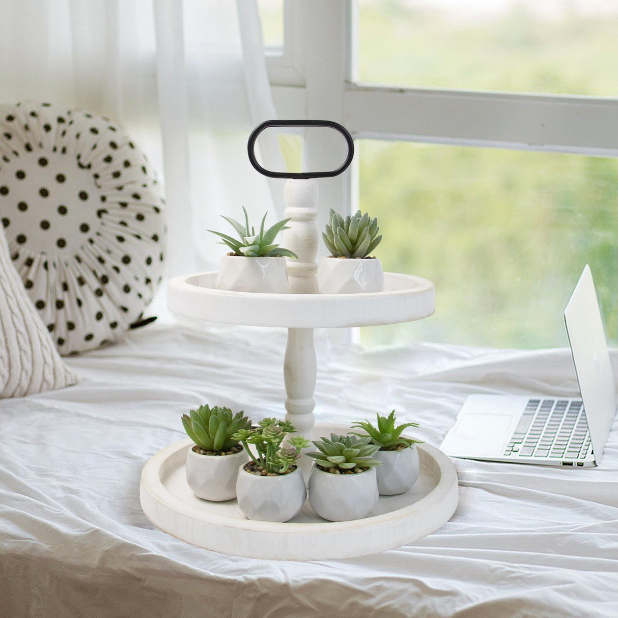 TNQNCFL Rustic 2 Tiered Tray Decor, Coffee Color, Wooden Material, Round Shape TNQNCFL