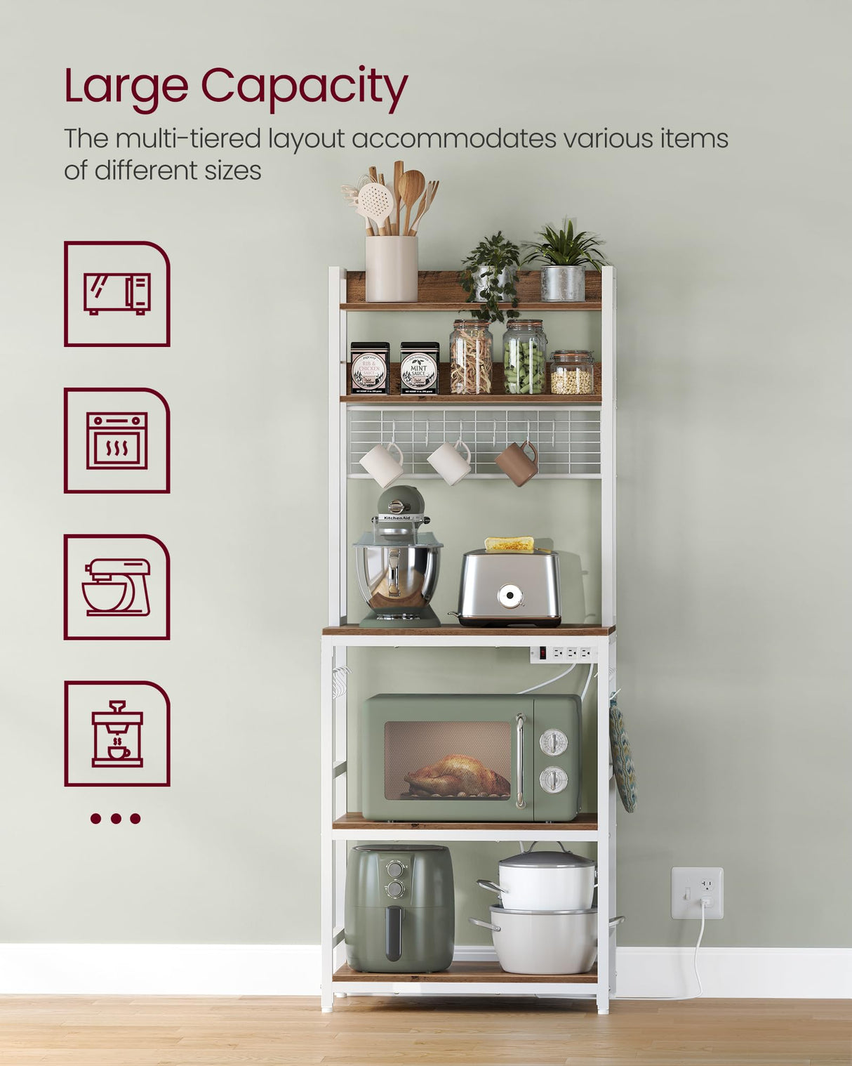 VASAGLE Hutch Bakers Rack with Power Outlet, 14 Hooks Microwave Stand, Adjustable Coffee Bar with Metal Wire Panel, Kitchen Storage Shelf, 15.7 x 23.6 x 66.9 Inches, Rustic Walnut and White UKKS037W41 VASAGLE