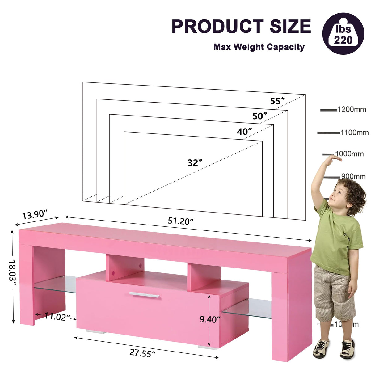 Clikuutory Pink LED TV Stand with Large Storage Drawer for 32 40 50 55 Inch TVs, Modern High Gloss TV Console Table with Entertainment Center for Living Room, Bedroom, Pink Clikuutory