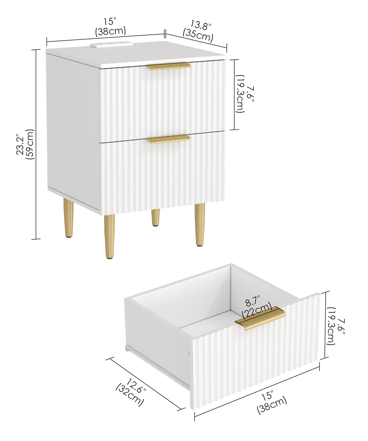 Akxomel White Nightstand Set of 2, Fluted Night Stand with Charging Station, 13.8" D x 15" W x 23.2" H, 2 Drawers Modern Bedside Table with USB Ports and Outlets, Golden Side Table for Bedroom Akxomel
