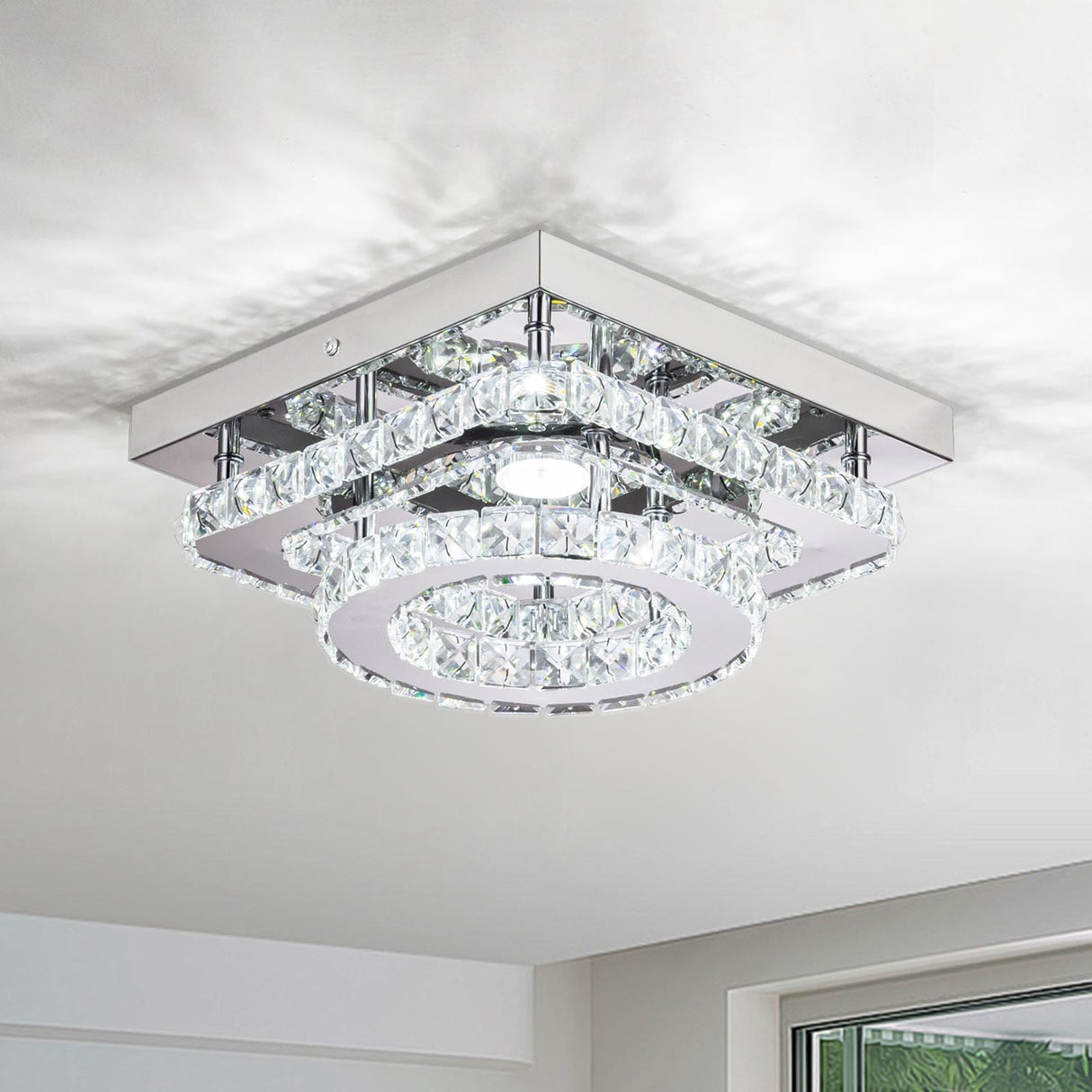 Crystal Ceiling Light Fixture LED Crystal Chandelier Kitchen Lights Ceiling Crystal Flush Mount Ceiling Light Small Bedroom Chandelier Modern Chandelier for Hallway Bathroom Entryway Chandelier Light DSLITING