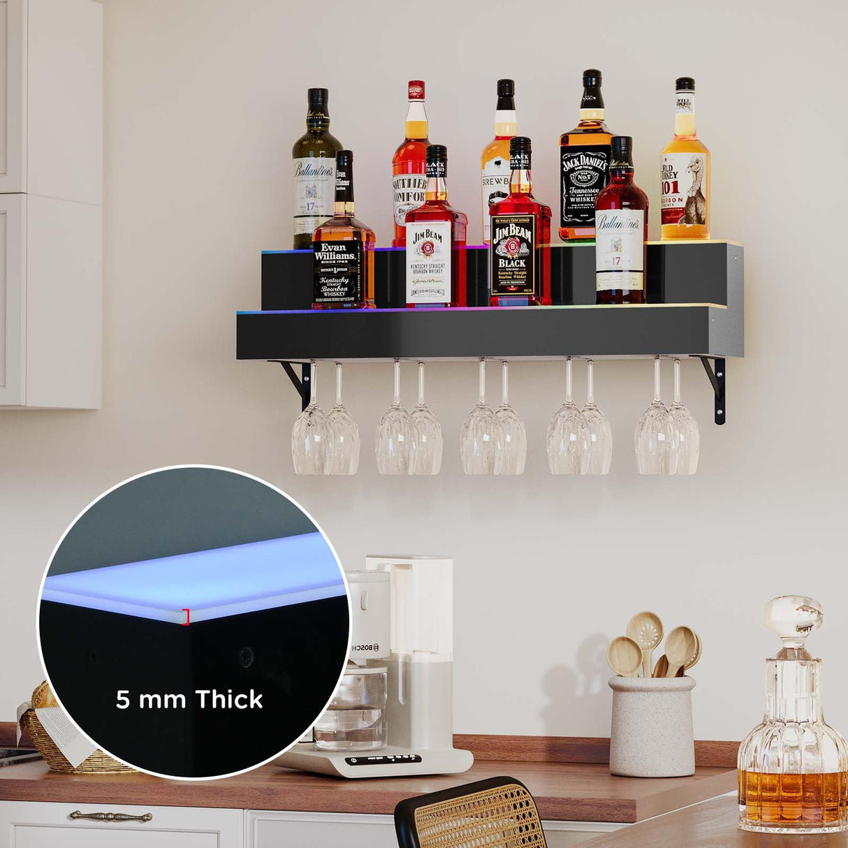 Dethan 2 Tier 32 Inch LED Lighted Liquor Bottle Display Shelf - Wall-Mounted Wine Rack with Multi-Color App & Remote Control, Adjustable Brightness & Sound Modes, Acrylic Bar Shelf for Commercial Club Dethan