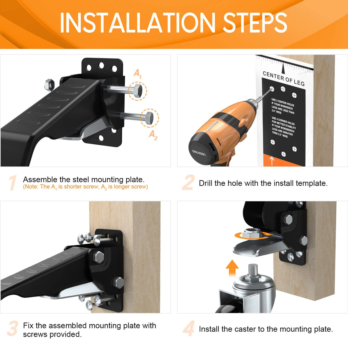 SOLEJAZZ Workbench Caster kit 660 LBS Heavy Duty Retractable Casters Workbench Wheels All Steel Construction Urethane, Bonus Install Template, 4 Casters SOLEJAZZ