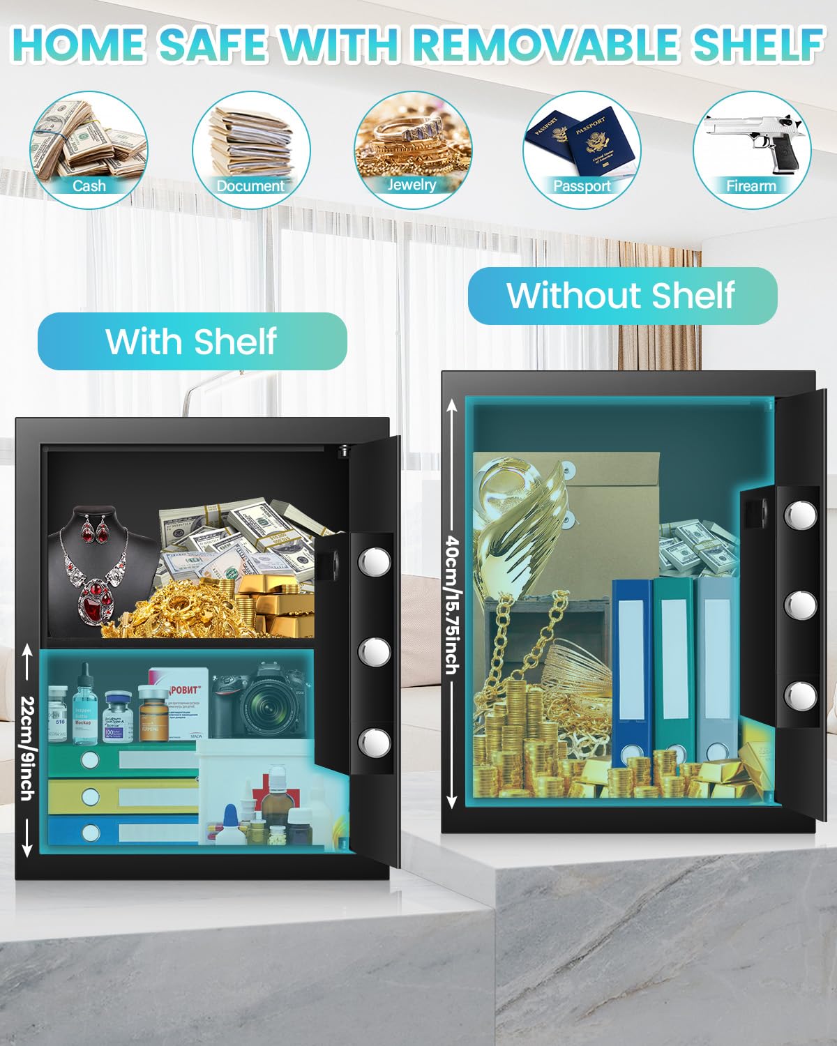 2.5 Cuft Fireproof Safe Box, Home Safe with Fireproof Waterproof Bag, Anti-Theft Digital Security Safe Box with Smart Alert System, Removable Shelf, Mute Function, Personal Safe Box for Money Jewelry FOWORE