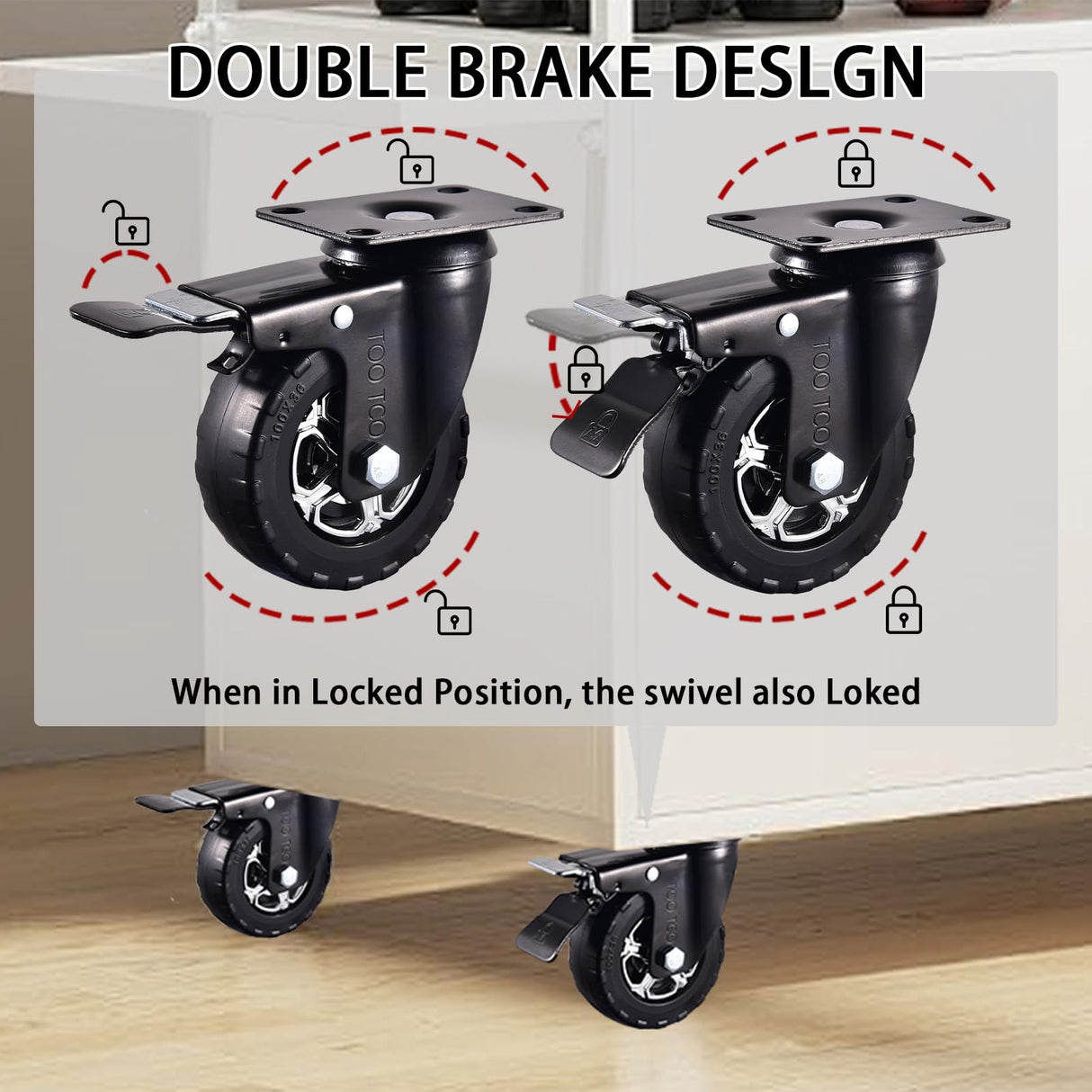 Heavy Duty 4 Inch Caster Wheels Set of 4 2200Lbs Capacity Silent Swivel with brake & Rigid TPR Rubber Wheels Locking Industrial Plate Casters for Cart Furniture Workbench 2 Fixed & 2 Swivel with Brake TOO TCO