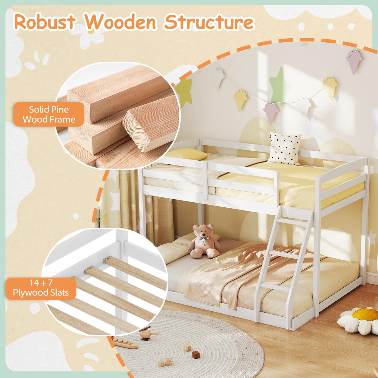 KOMFOTT Low Bunk Bed Twin Over Full, Solid Wood Twin Bed Frame with Built-in Ladder & Safety Guardrails, Space-Saving Low Bunk Bed for Kids, Teens, No Box Spring Needed KOMFOTT