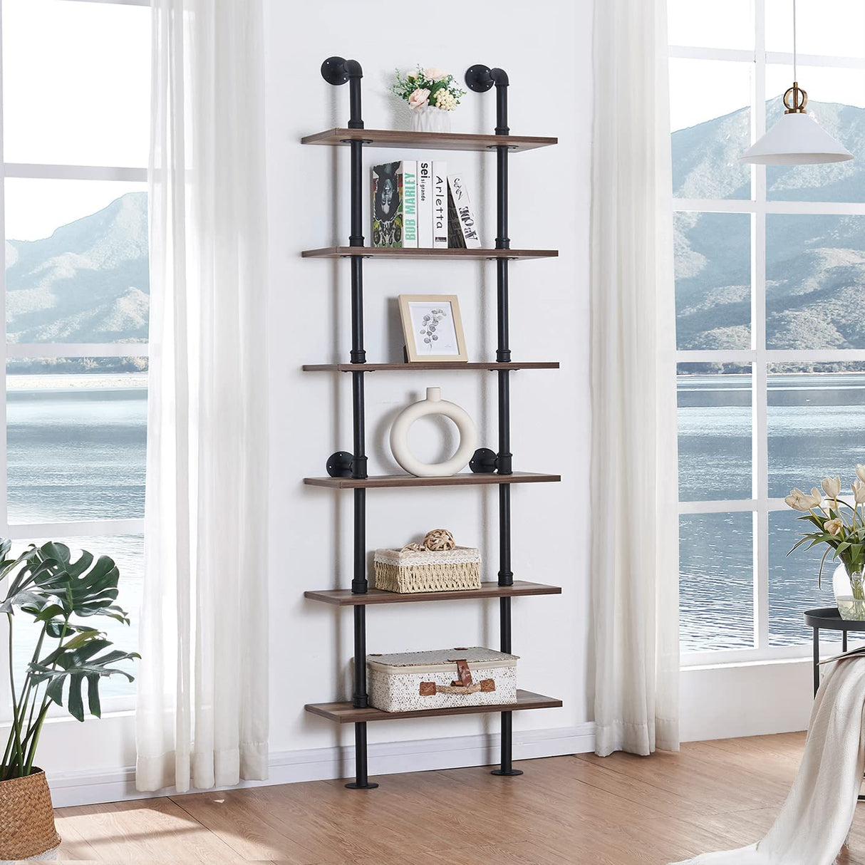 HOMBAZAAR Industrial 6-Tier Wall Mounted Bookshelf with Metal Frame in Oak Brown HOMBAZAAR