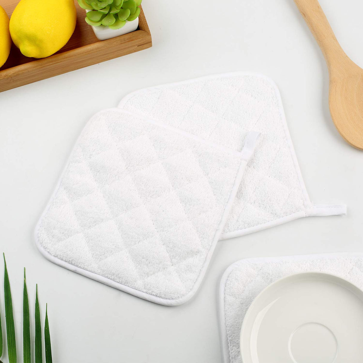 100% Cotton Kitchen Everyday Basic Terry Pot Holder Heat Resistant Coaster Potholder for Cooking and Baking Set of 5 White Lifaith