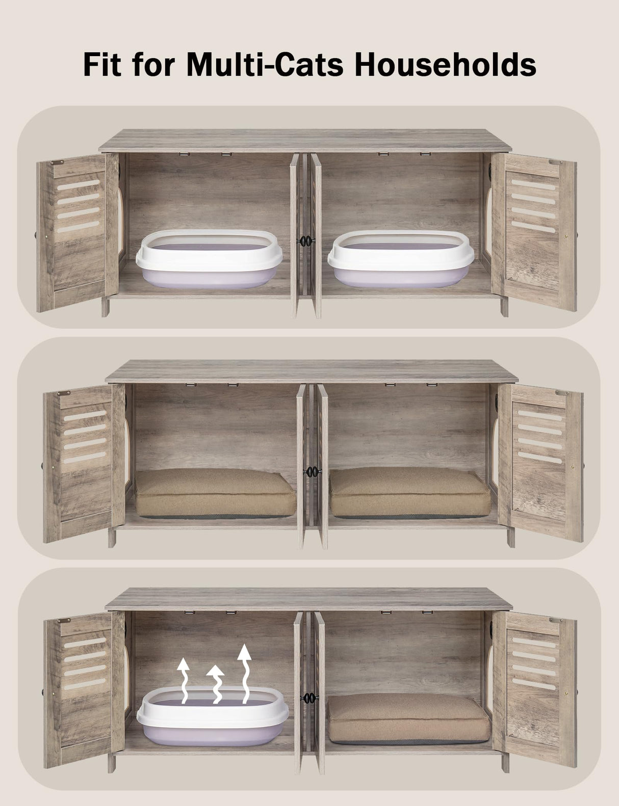 DINZI LVJ Litter Box Enclosure for 2 Cats, Hidden Litter Box Furniture with Double Rooms, Dual Cat Litter House, Front Doors, 47.2" Wooden Hidden Cat Washroom, Side End Table, TV Stand, Greige DINZI LVJ