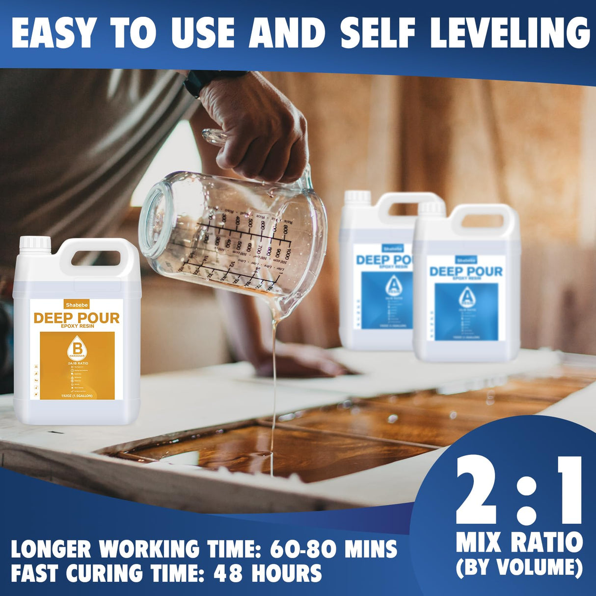 Deep Pour Epoxy Resin 4.5 Gallon, 2 to 4 Inch Depth Clear Epoxy Resin Kit, Bubble Free, Low Odor 2:1 Casting Resin for Table Top, Countertop, River Table, Wood Filler, Bar Top Shabebe