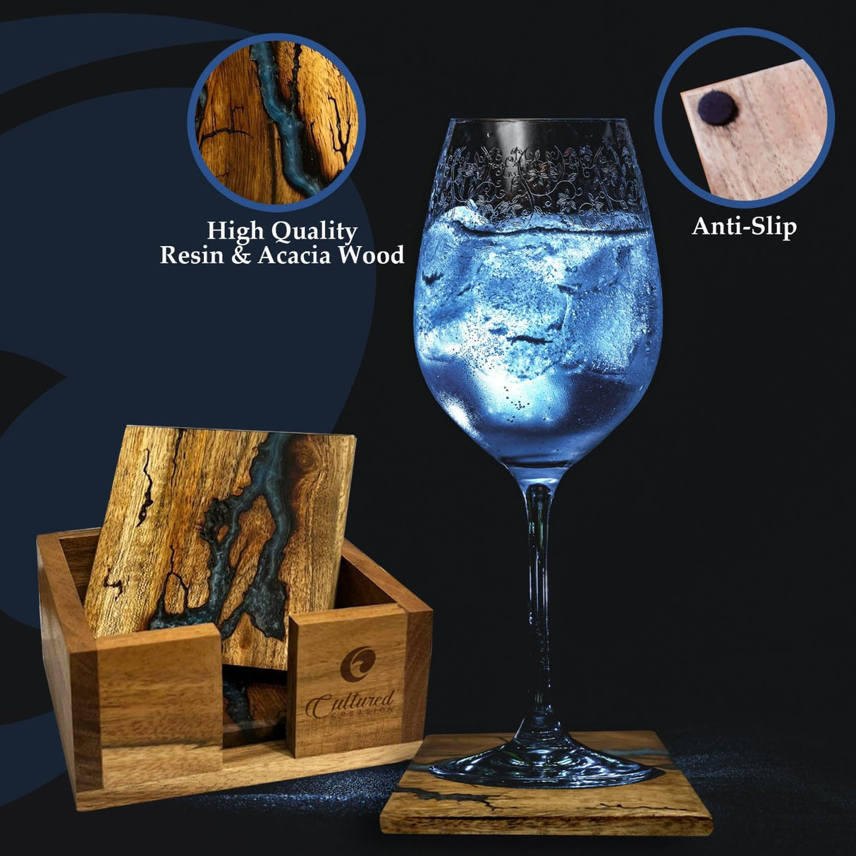 Cultured Creation | Beautiful Epoxy Resin and Wood Coaster Set | Ideal for Tabletop Protection | Enhance Your Coffee Table or Any Home Decor for Any Occasion CULTURED CREATION
