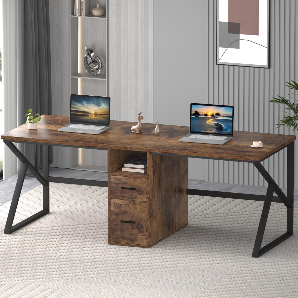 IBF 79" Two Person Office Desk,Large Double Long Pc Desk with File Drawer, 2 Person Computer Desk with Storage Cabinet Shelf, Industrial Wood Modern Work Dual Computer Table for Home, Rustic Brown IBF