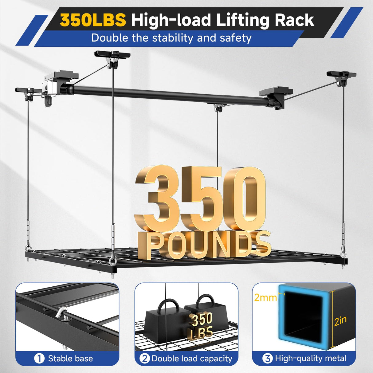 GADFISH Garage Ceiling Lift Storage Rack, Easy Lifting 85" Height Overhead Garage Storage Rack for Space Saving with Safety Lock, Suitable for 16"/24" Ceiling, 350LBS Capacity GADFISH