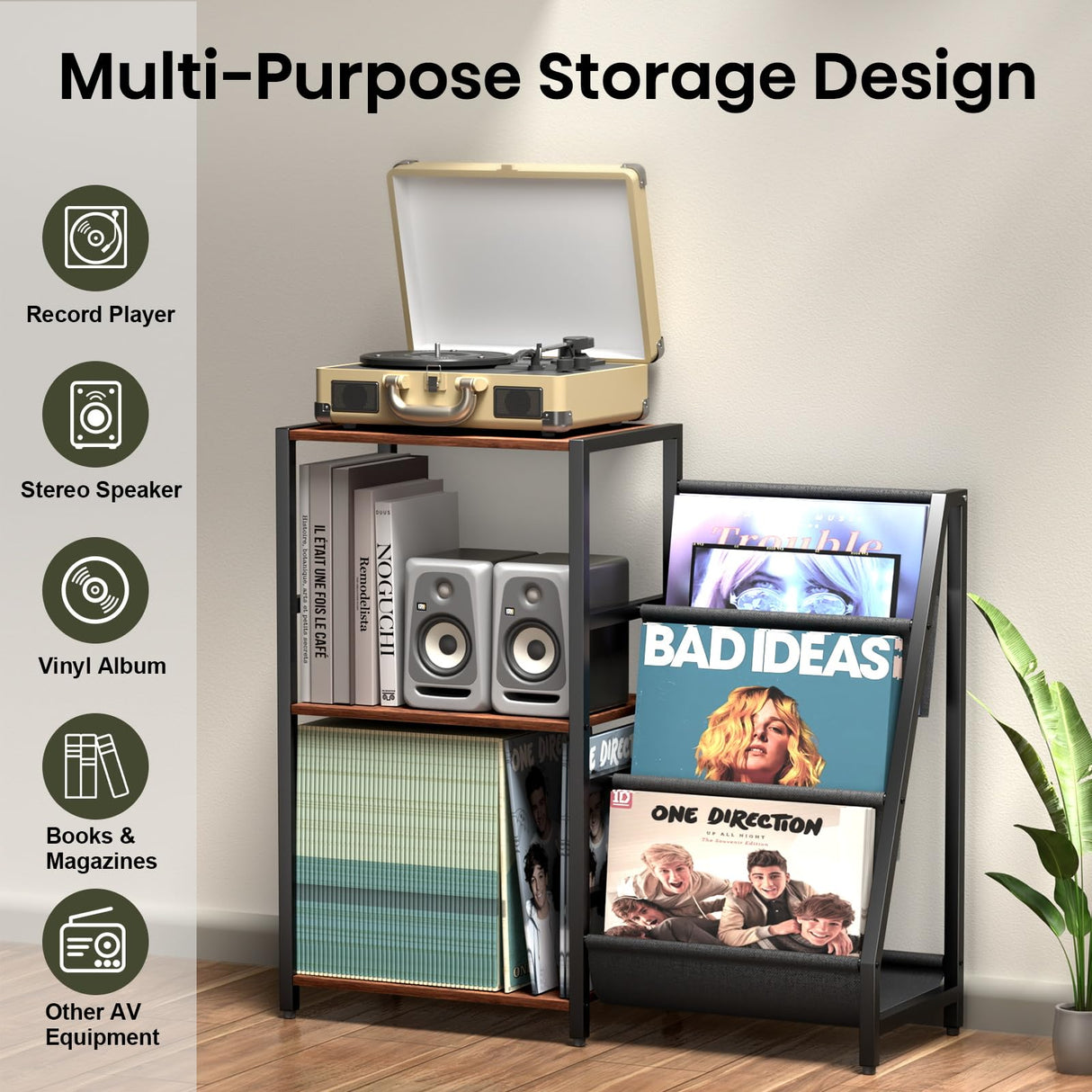 Record Player Stand, Turntable Stand with Vinyl Record Storage, 3-Tier Record Player Table 200+ Albums, End Table with Vinyl LP Display Shelf Holder, Turntable Cabinet Media Console for Stereo FEKTIK