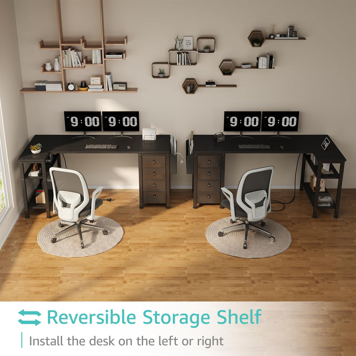 Lufeiya L Shaped Gaming Desk with Drawers & Storage Shelves, 55 Inch Corner Computer Desk with Power Outlet for Home Office Bedroom, L-Shaped Teen PC Desks with Fabric Drawer, Black Lufeiya