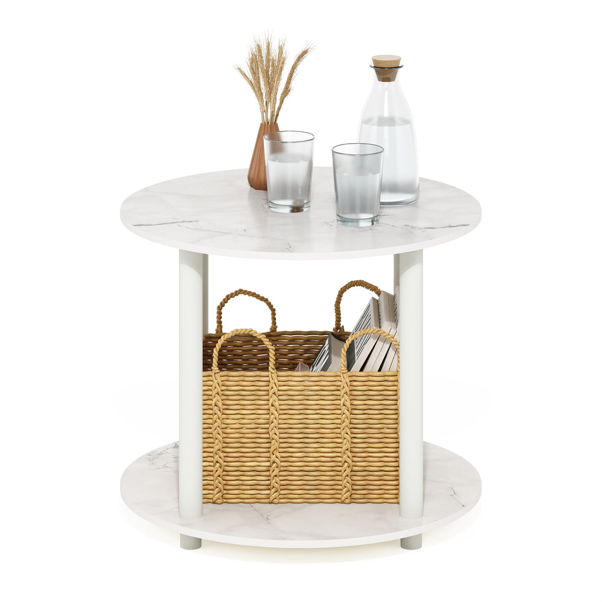 Furinno Turn-N-Tube Simple Design 2-Tier Round Wooden Small Coffee Table, Marble White Furinno