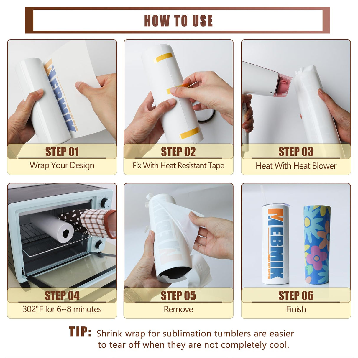 MEBMIK 2 Rolls 10mm x 33m(108ft) Heat Transfer Tape and 50pcs 5 x 10in Shrink Wrap for Sublimation Tumblers,Heat Resistant Tape,Sublimation Shrink Wrap Sleeves,Tumbler Shrink Wrap,20oz MEBMIK