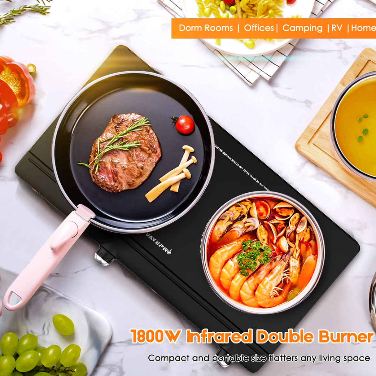 Electric Hot Plate for Cooking, Infrared Double Burner,Electric Cooktop 2 Burner,1800W Portable Electric Stove,Heat-up In Seconds,Countertop Cooktop for Dorm,Compatible with All Cookware Vayepro