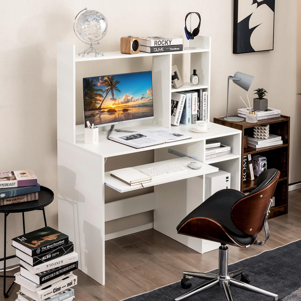 IFANNY White Modern Computer Desk with Hutch, Built-in Charging Station & Ample Storage IFANNY