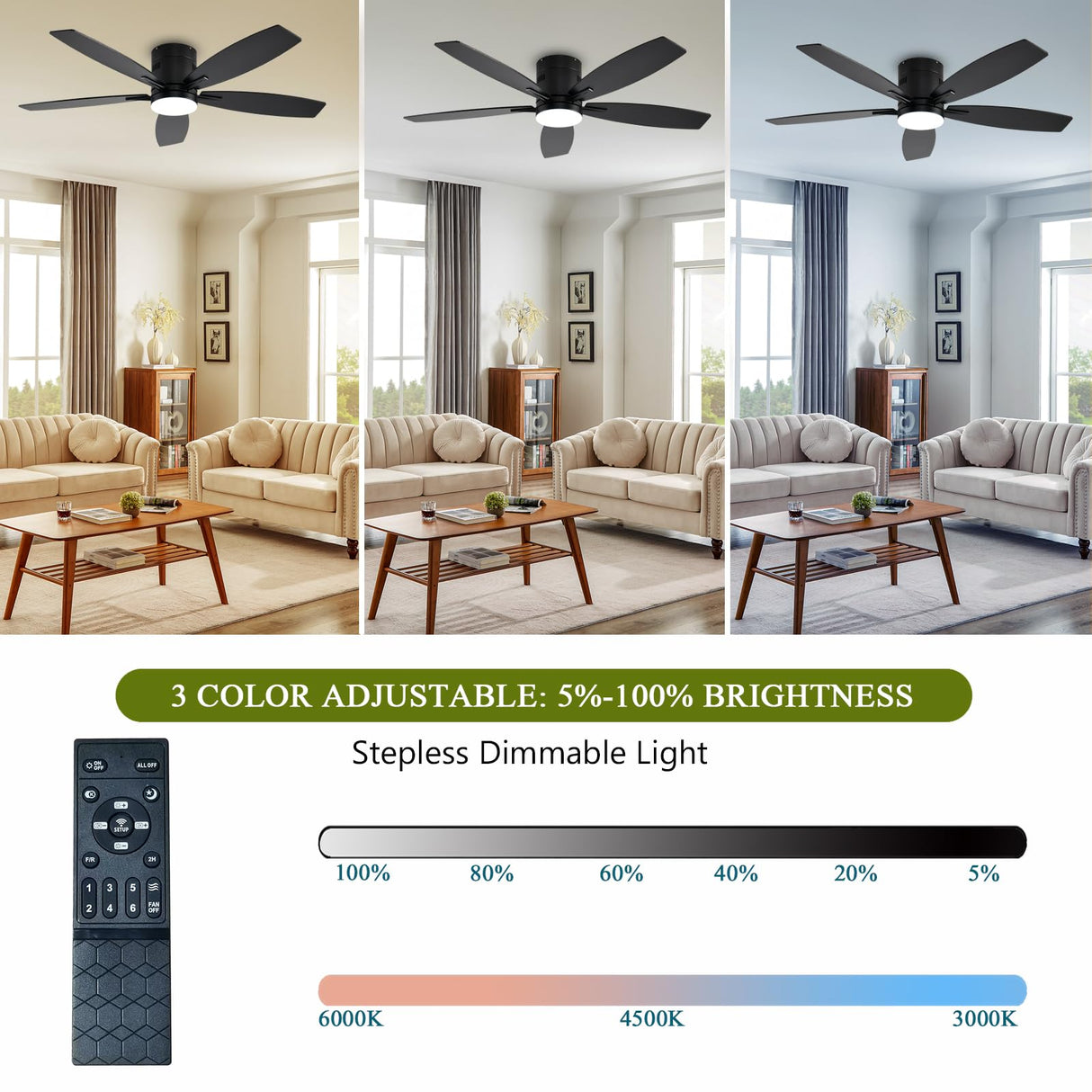 Ayaoty Ceiling Fans with Lights, 52" Low Profile Indoor Ceiling Fan with Light and Remote Control, Dimmable, Noiseless, Reversible, Black Ceiling Fan for Bedroom, Indoor/Outdoor Use Ayaoty