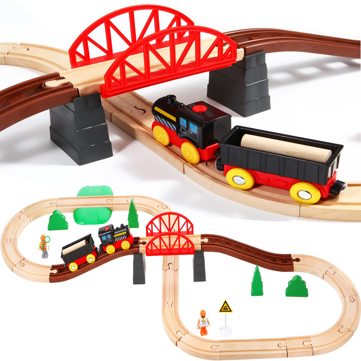 Asweets Wooden Train Set for Toddler,40 Piece with Train Track Electric Operated Fits Thomas,Brio,Melissa and Doug Magnet Battery Train Toy for 3 4 5 Asweets