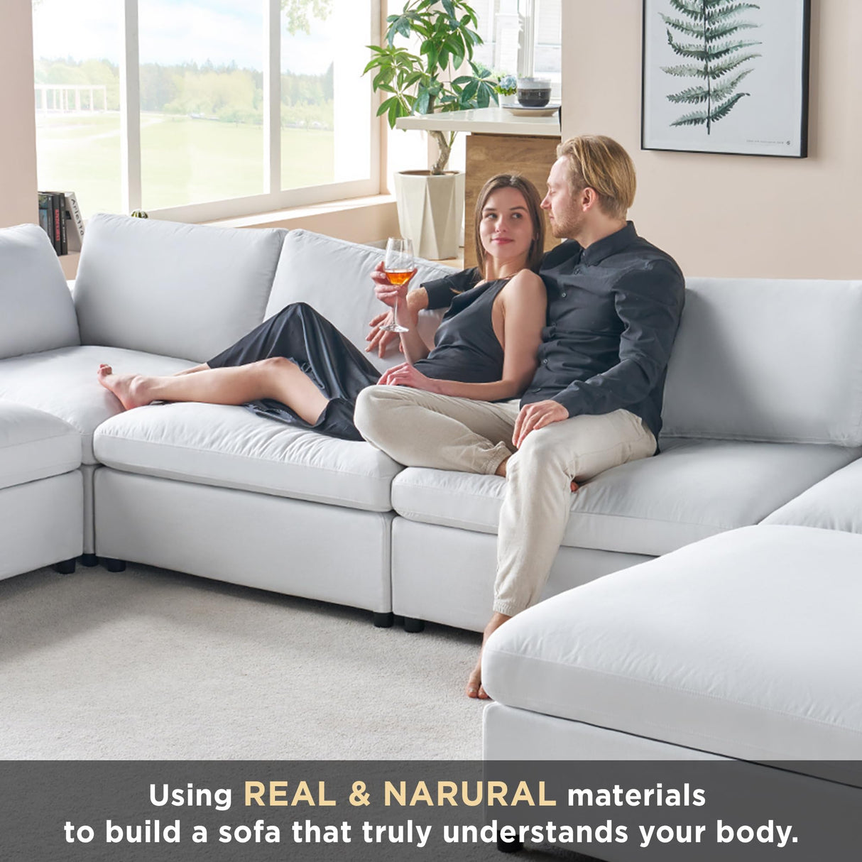 PaPaJet 114-Inch Cloud Sectional Sofa, Oversized Down-Filled Modular Couch, 4-Seater L-Shaped Sofa with Chaise and Ottoman, White Linen Cloud Couch for Living Room PaPaJet