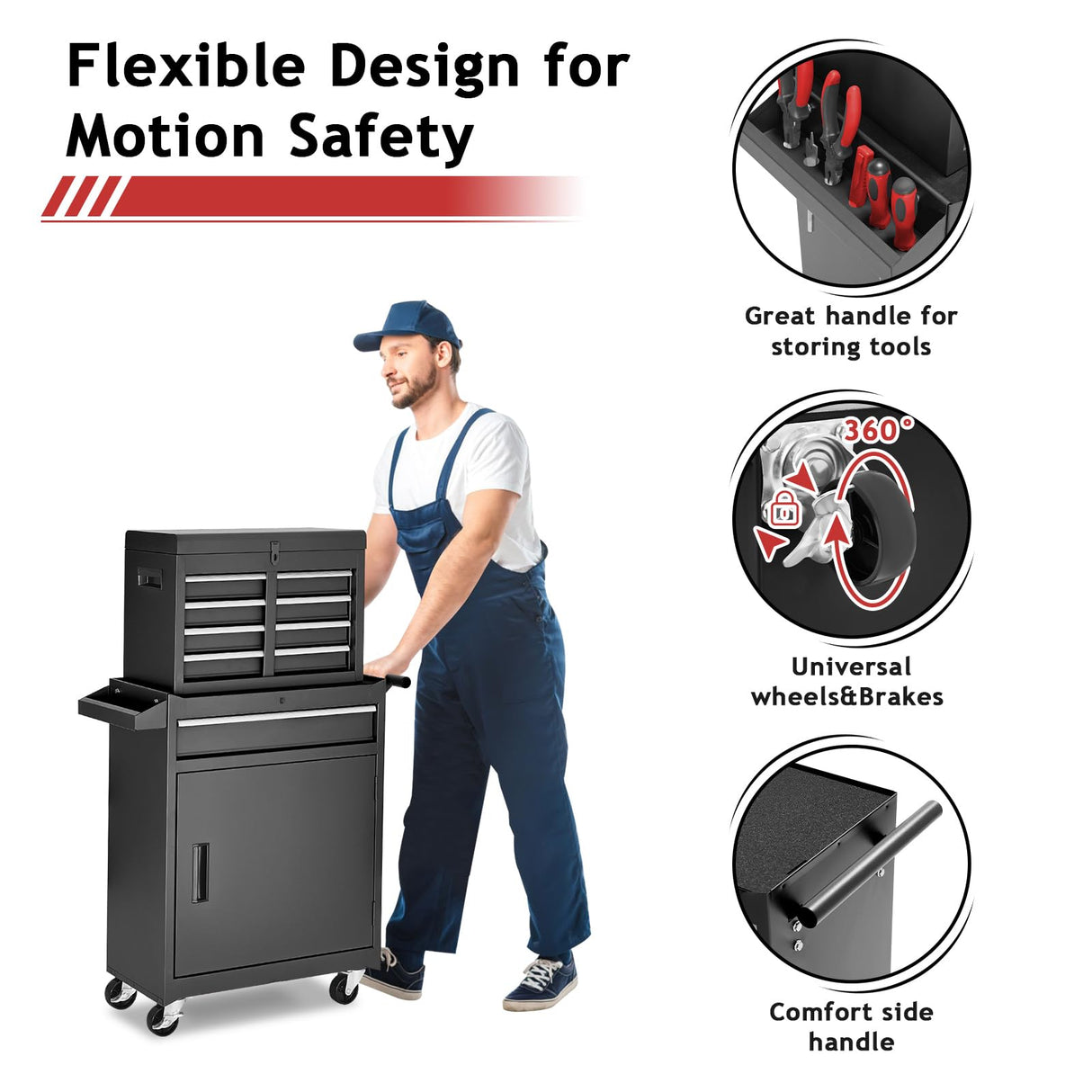 AirWire Tool Chest,5-Drawer Rolling tool Storage Cabinet with Enhanced Packaging, Detachable Top Tool Box, Metal Tool Cart for Garage Workshop,Black AirWire