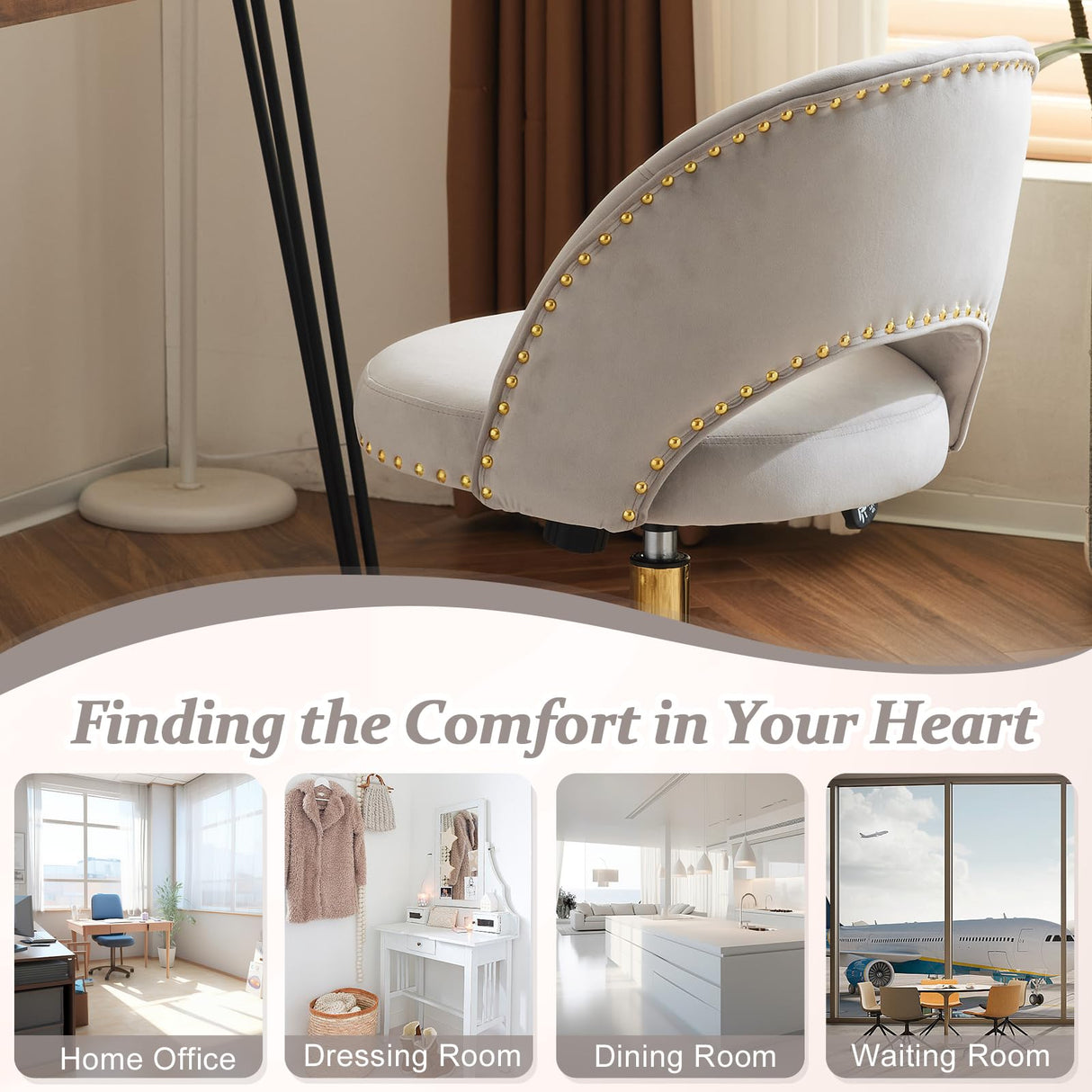 VINGLI Modern Velvet Small Office Chair,Cute Desk Chair with Wheels,Gold Base/Studs, Comfy Armless Swivel Vanity Task Chair for Women/Girl/Kids, Nail Tech Chair for Bedroom,Small Space,Grey VINGLI