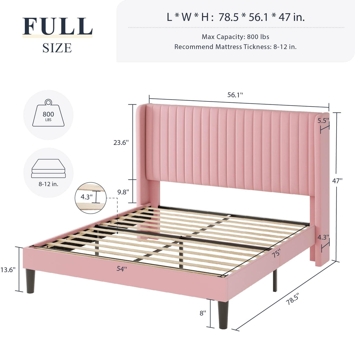 Allewie Full Size Velvet Bed Frame/Vertical Channel Tufted Wingback Headboard/Upholstered Platform Bed/Strong Wooden Slats/No Box Spring Needed/Easy Assembly/Pink Allewie