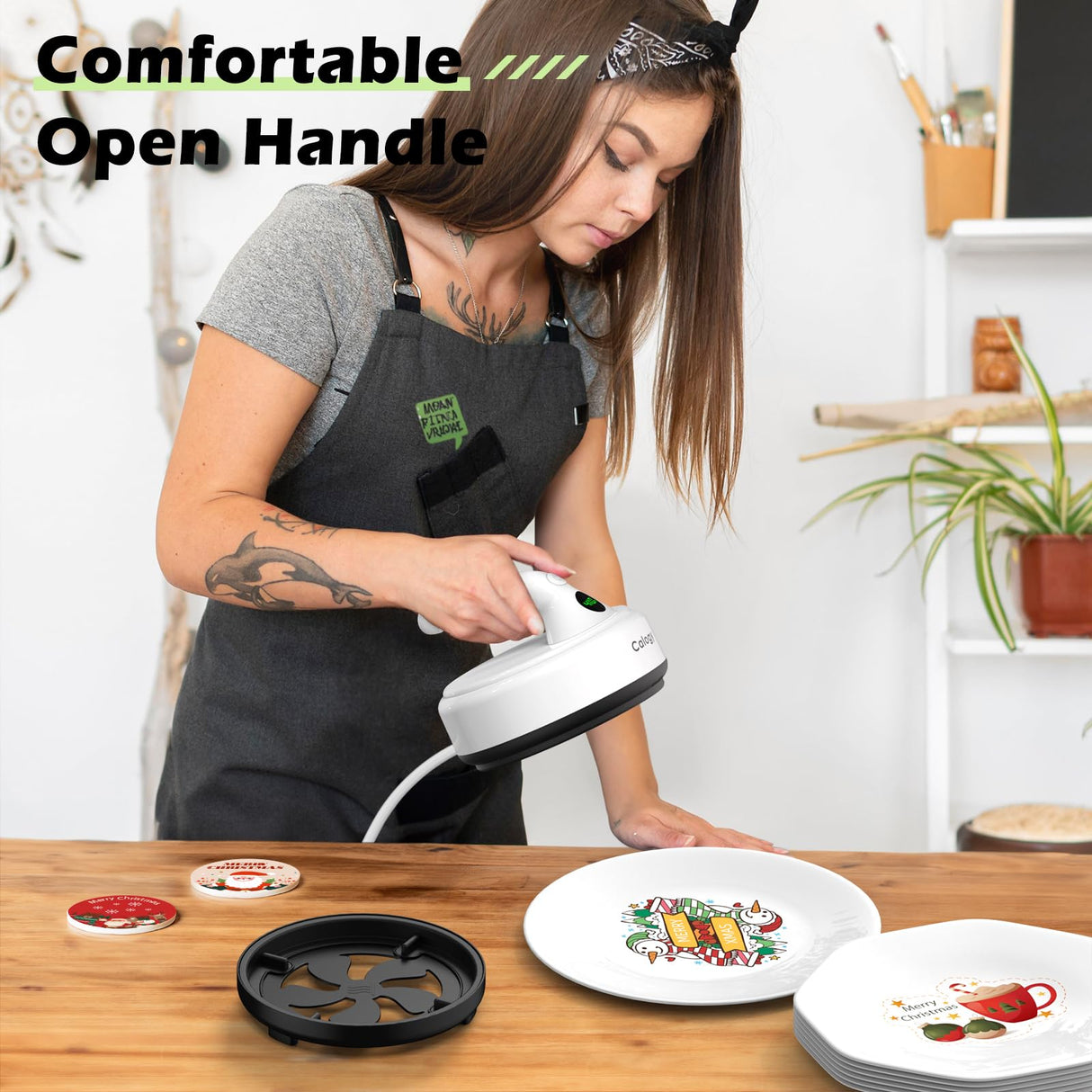 Calogy Mini Heat Press, 5" Diameter Round Heat Press Machine for T-Shirt Portable, 4 Levels Temp Max 410℉, Small Iron for Crafts, Coaster, Bag, Pillow, Ceramic, Sublimation Ink Vinyl Transfer (White) Calogy