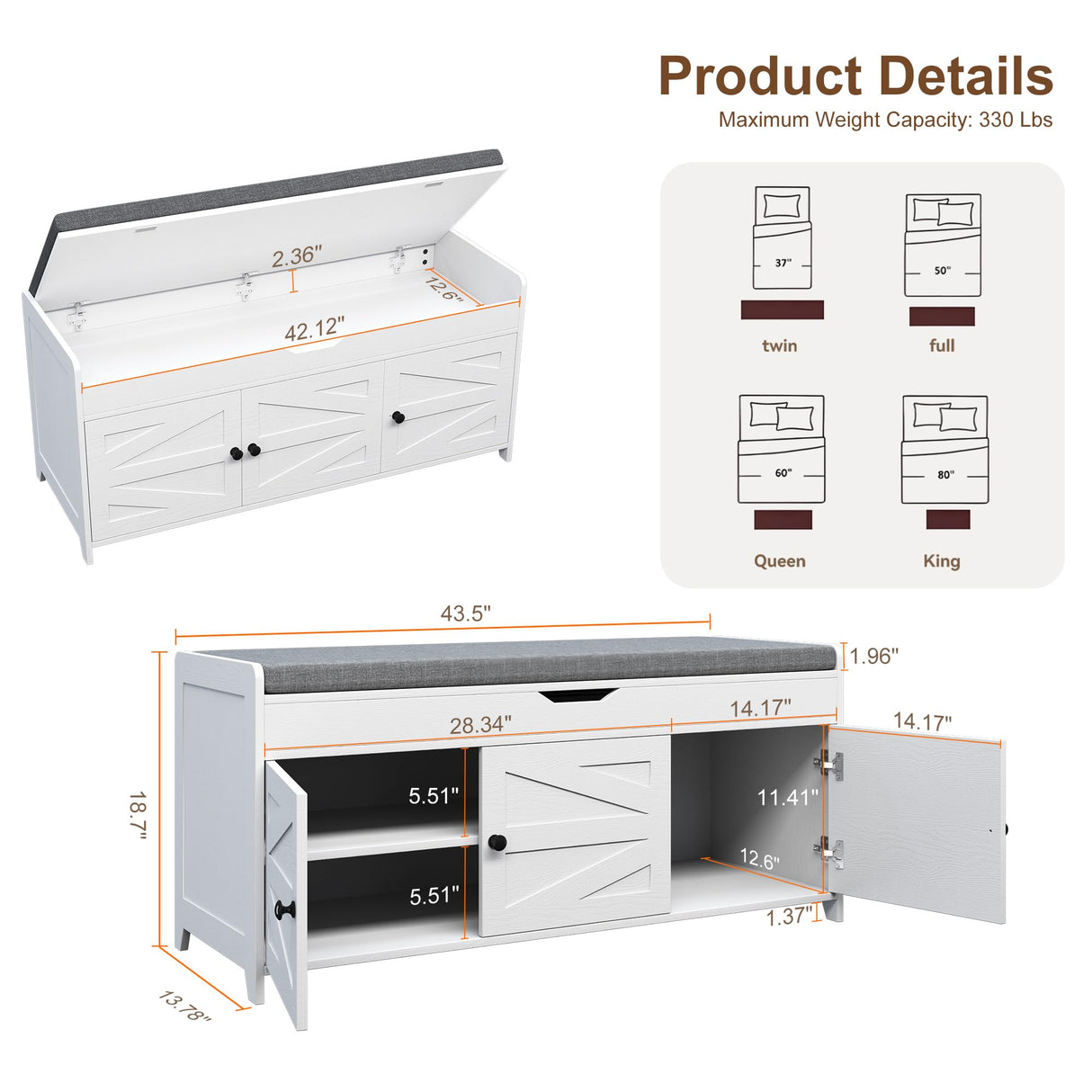 Xdwwhome Shoes Bench with Cushion, Storage Bench, Entryway Bench with Lift Top Storage, 43.3" Wooden End of Bed Bench, Shoe Bench Cabinet for Living Room Bedroom Hallway Garden, 330 lbs, White Xdwwhome