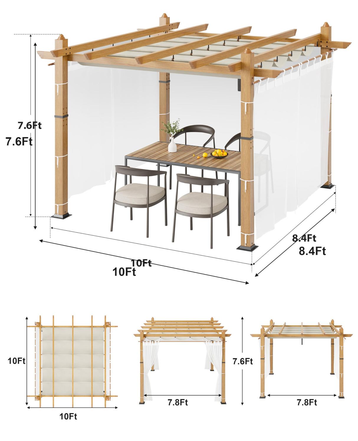 10x10 Ft Outdoor Pergola Aluminium Pergola with Retractable Roof & Side Mesh Screen, Upgraded Faux Wood Grain Modern Metal Patio Gazebo for Deck, Backyard Garden, Porch, Grape Trellis, Beige + White GustoWave