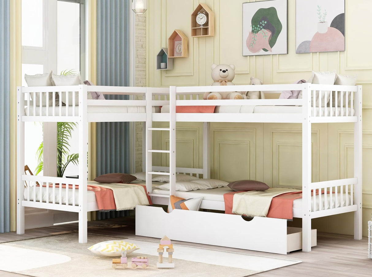 Merax Kids L-Shaped Bunk Bed Twin Over Twin with Drawers, Wood Low Floor Bunkbed Featuring Stairs Guardrail for Boys, Girls, Toddlers, No Box Spring Required, White Merax
