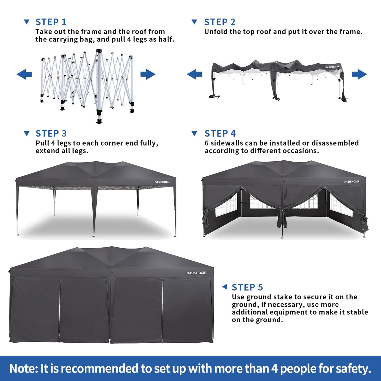 OASISHOME Pop-up Gazebo Instant Portable Canopy Tent 10'x20', with 6 Removable Sidewalls, Windows, Stakes, Ropes, Carrying Bag, for Patio/Outdoor/Wedding Parties and Commercial Events (10x20, Grey) OASISHOME