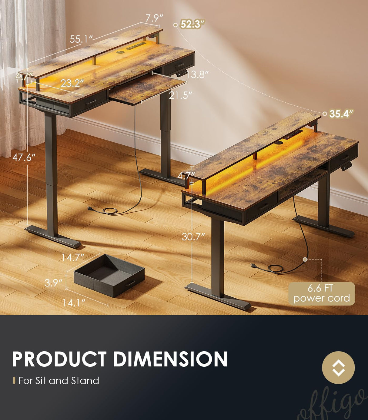 OffiGo Electric Standing Desk with Drawers & Keyboard Tray, 63 Inch Height Adjustable Desk with Power Outlets & LED Lights, Sit Stand Table with Monitor Stand for Home, Office, Rustic Brown OffiGo