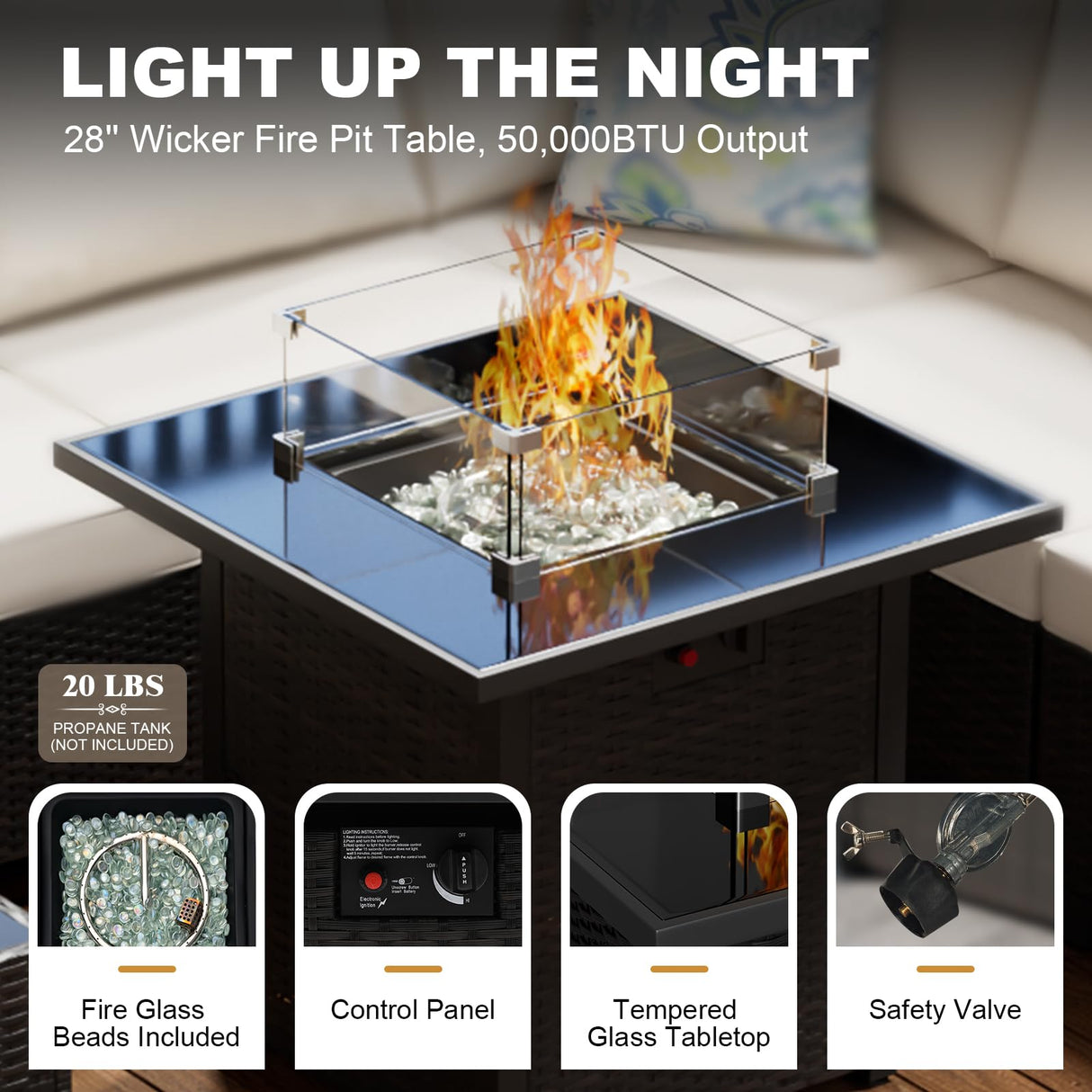 Peacabo Patio Furniture Set with Fire Pit Table, 8-Piece Outdoor Furniture Sofa Set with Thick Cushions, Wicker Sectional Sofa for Porch Garden Backyard, Brown/Beige Peacabo