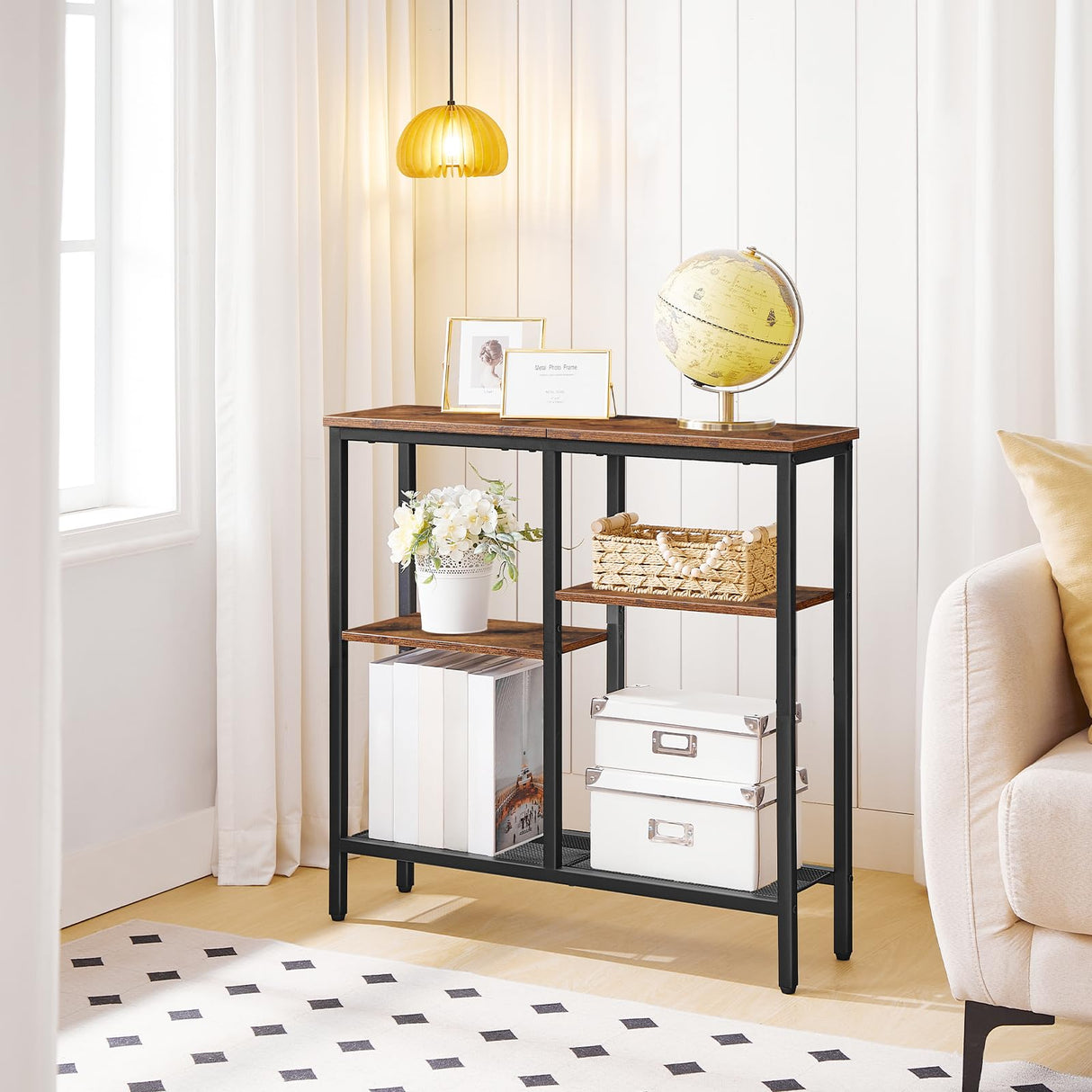 HOOBRO Console Table, Narrow Side Table, Sofa Table, 4-Tier Industrial Hallway Table with Metal Mesh Shelf and Adjustable Feet, for Entryway, Living Room, Hallway, Rustic Brown and Black BF79XG01 HOOBRO