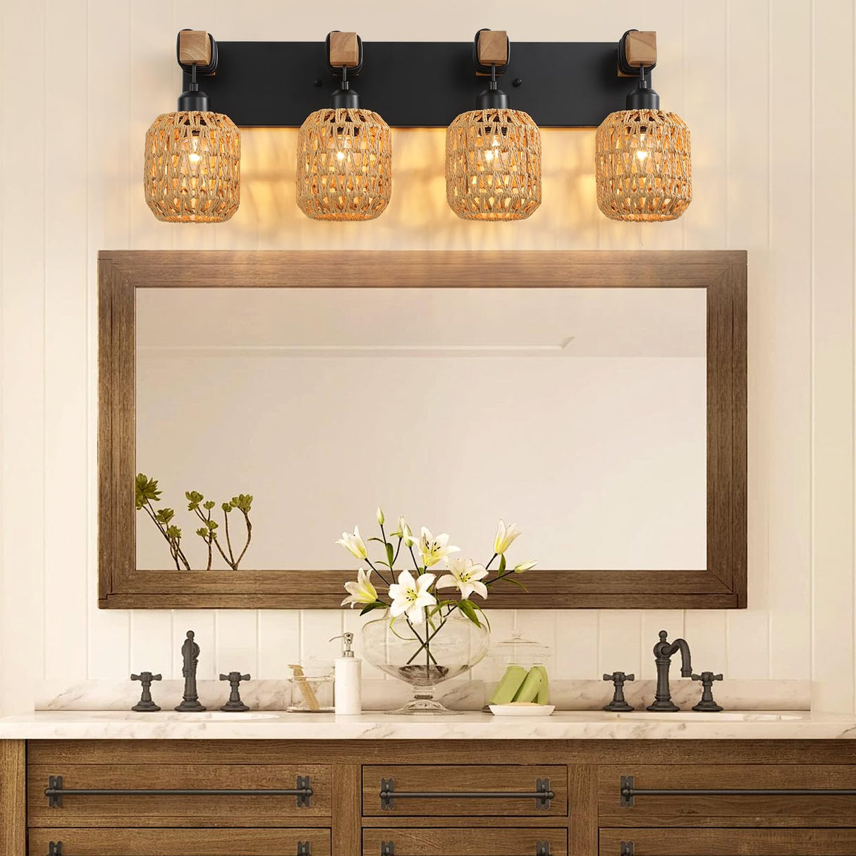 4 Light Bathroom Vanity Light Fixtures,Rustic Style Wood Bathroom Wall Sconce, with Boho Wicker Lampshade,Suitable for Bedroom, Hallway, and Living Room,Rattan Black Farmhouse Wall Sconce LmnLvn