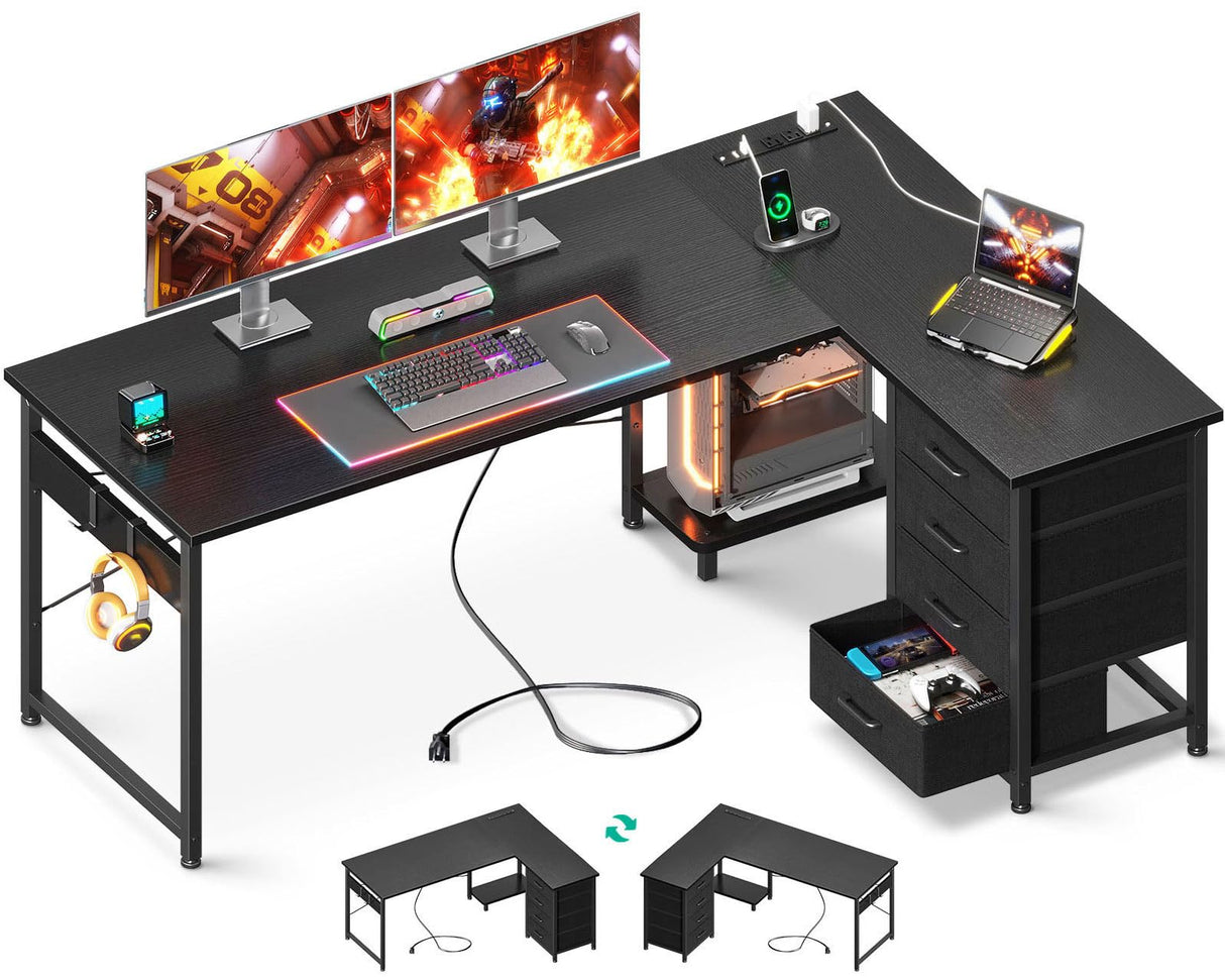 AODK L Shaped Gaming Desk with 4 Drawers, 61" Reversible Home Office Desks with Power Outlets, L Shaped Computer Desk with USB Charging Port and Host Stand, Corner Desk, Easy to Assemble, Black AODK