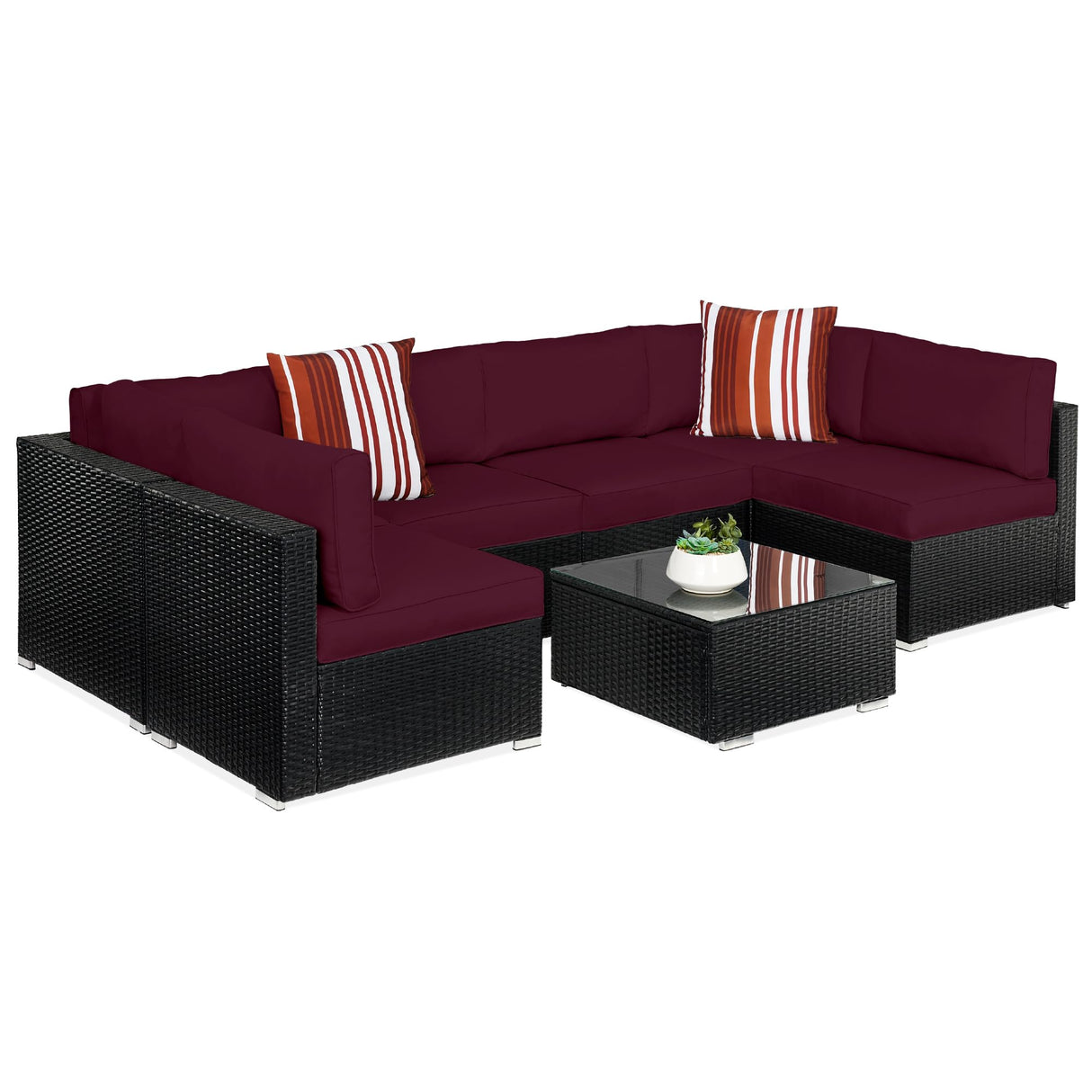 Best Choice Products 7-Piece Modular Outdoor Sectional Wicker Patio Conversation Set w/ 2 Pillows, Coffee Table, Cover Included - Black/Deep Burgundy Best Choice Products