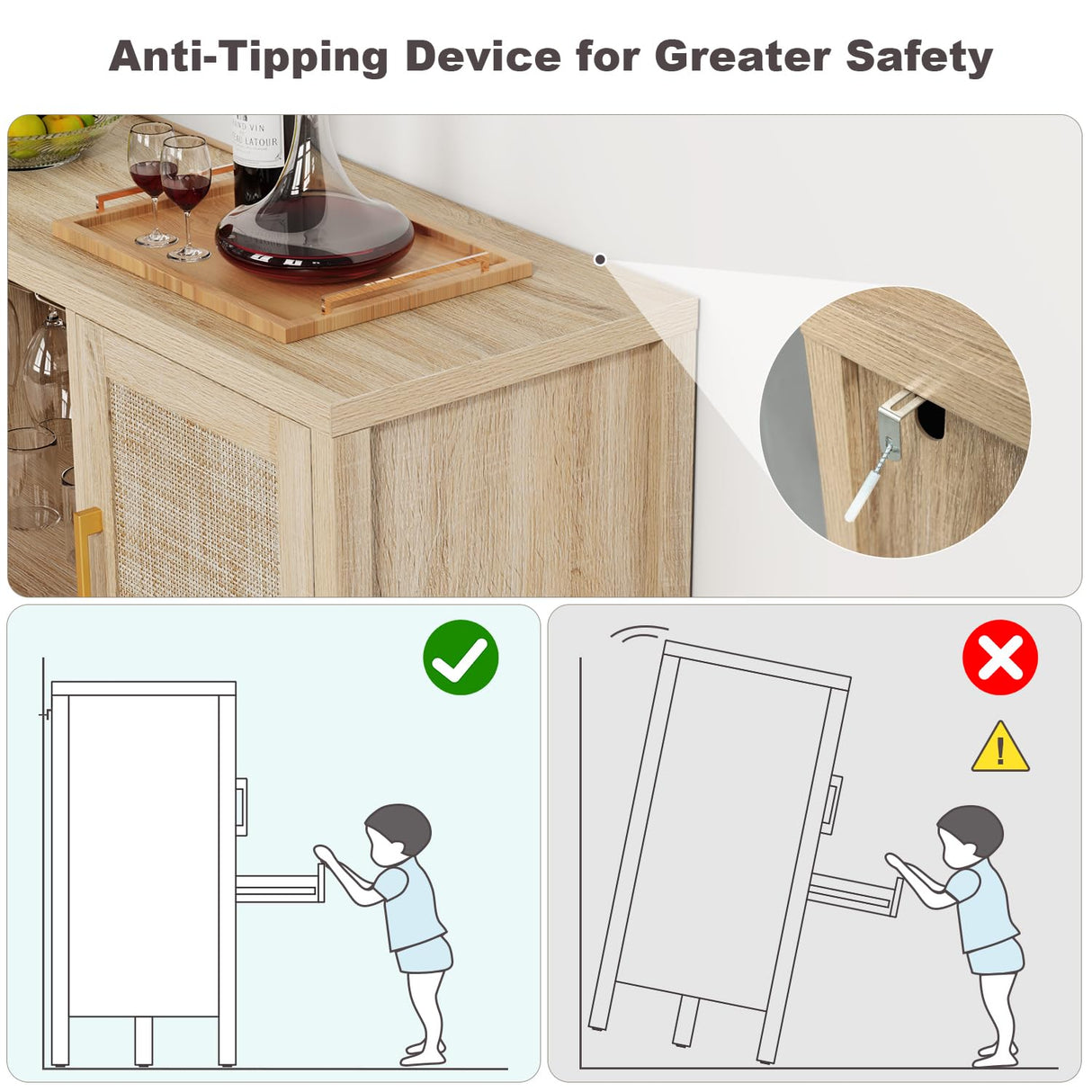 OTUTUMUS Rattan Wine Bar Cabinet, Boho Rattan Home Wine Bar Cabinet with Glass Holder and Drawer Style Wine Racks, Oak Sideboard Buffet Storage Cabinet for Living Dining Room Kitchen OTUTUMUS