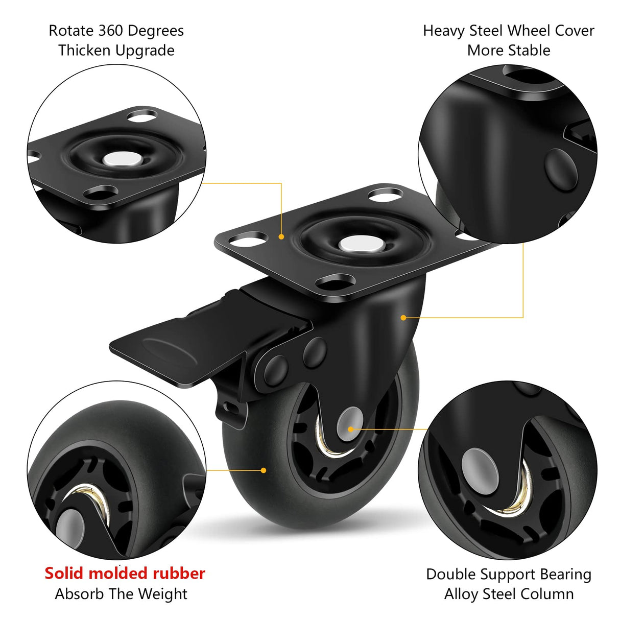 Apllamo 3" Casters Set of 4 ,4 Heavy Duty Quiet Casters, Max Load 2000LBS. Suitable to do Soft Wheels for cart, Glide Quietly and Protect The Floor, casters Set of 4 Heavy Duty. Apllamo