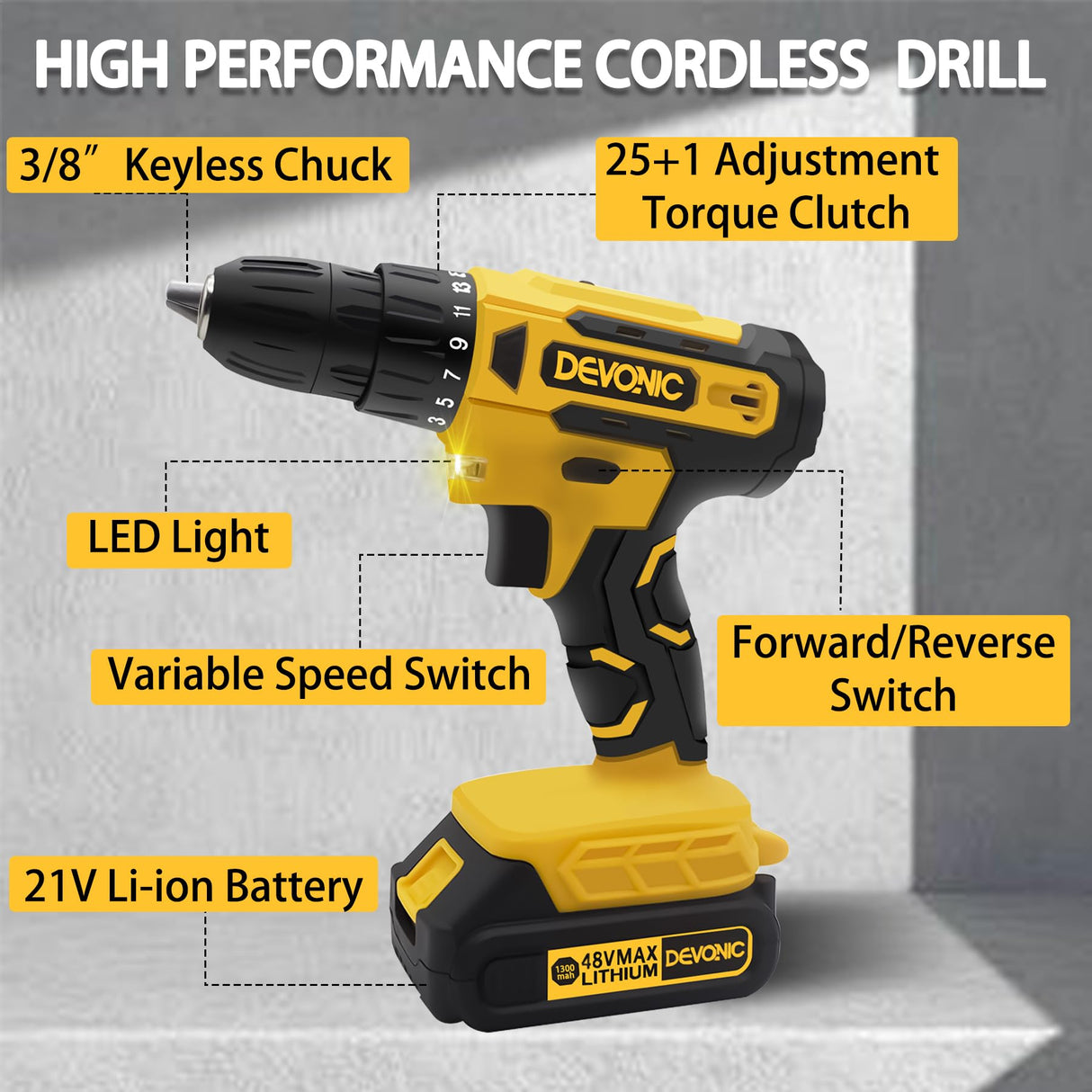 DEVONIC Cordless Drill Set,21V Electric Drill with 1 Lithium Battery and Charger,3/8"Keyless Chuck,25+1 Torque Setting and 28pcs Drill Screwdriver Bits XGOLD